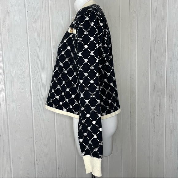 Ell And Emm Monogram Knit Sweater M Black Ivory Collared Quarter Button EE - Picture 3 of 11
